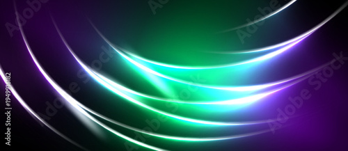 Abstract light streaks, vibrant colors, flowing curves. Dark background emphasizes luminous energy, creating dynamic visual impact.