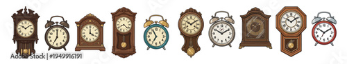 Set of various antique clocks, including wooden grandfather, mantel, and wall clocks with pendulums and retro twin bell alarm clocks, presented in a clean cartoon drawing style
