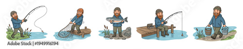 Set of five cartoon illustrations showing a bearded fisherman's activities, from casting a rod and netting fish to holding a big salmon and carrying a bucket full of his catch