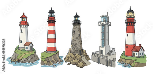 Collection of five cartoon style lighthouses of different designs, including striped, stone, and modern towers, situated on rocky coastal cliffs with glowing beacons