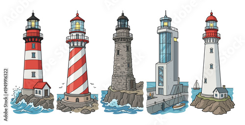 Set of five different illustrated lighthouses standing on rocky shores with waves, showcasing various architectural styles from classic striped to modern designs