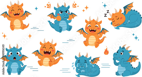 Cute Baby Dragon Emotions Cartoon Vector Set with Happy, Sleepy, Sad, Angry and Playful Fantasy Creatures