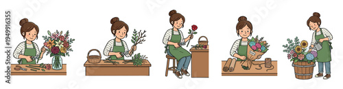 Set of five illustrations showing a female florist at work, arranging flowers in a vase, trimming stems, wrapping a bouquet, and watering plants in her shop