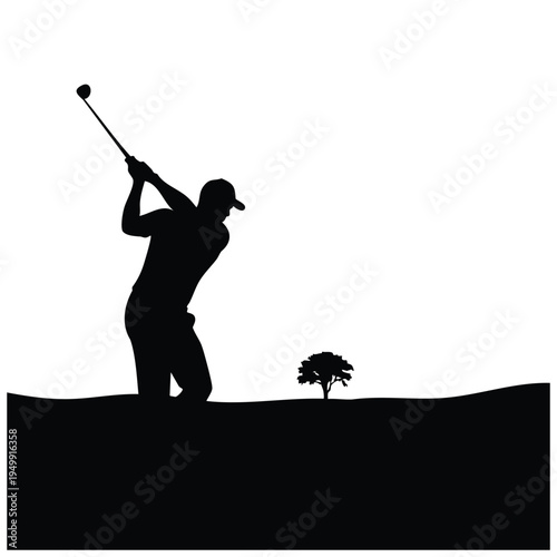 Golfer silhouette swinging club on golf course with tree