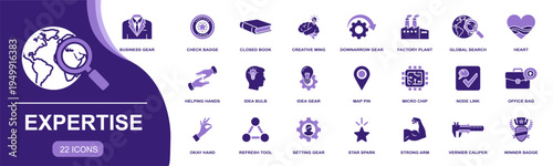 Expertise icon set. Containing business gear, check badge, idea bulb, micro chip, office bag, strong arm, vernier caliper, winner badge and more. Solid fill vector icons collection for pro designs.