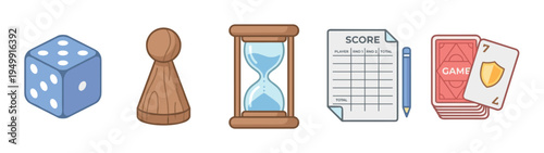 Collection of board game accessory icons including a die, pawn, hourglass, score sheet, and playing cards in a flat cartoon illustration style for tabletop gaming concepts