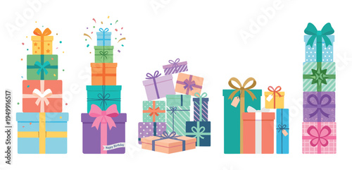 Collection of colorful illustrated gift boxes and presents stacked in piles, wrapped in patterned paper with ribbons and bows for a festive birthday or holiday celebration
