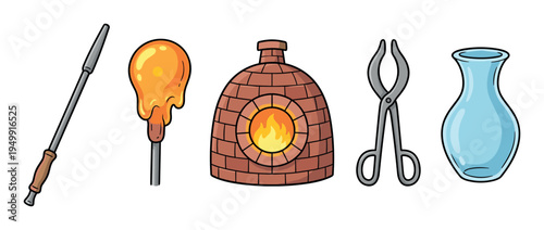 Set of glassblowing tools and equipment including a blowpipe, molten glass, furnace, tongs, and a finished vase in a colorful cartoon illustration style