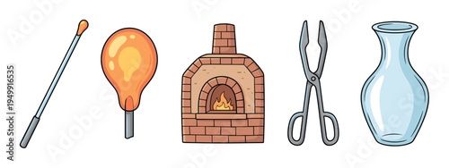 Colorful cartoon set of glassblowing tools and equipment including a blowpipe, molten glass, brick furnace, tongs, and a finished blue vase for craft and artisan concepts