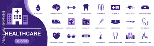 Healthcare icon set. Containing blood drop, healthy tooth, medical syringe, ambulance, stethoscope, thermometer, wheelchair user, heart pulse and more. Solid vector icons collection.
