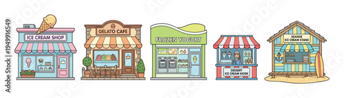 Collection of five illustrated ice cream shops, gelato cafes, and frozen yogurt stands presented in a charming cartoon doodle style as a set of storefront vector icons