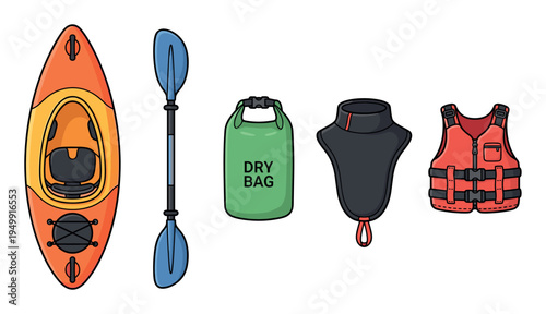 Kayaking equipment set with a boat, paddle, life jacket, dry bag, and spray skirt for water sports, illustrated in a colorful cartoon style from a top-down view