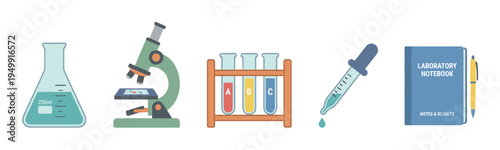 Collection of laboratory equipment icons including a flask, microscope, test tubes, pipette, and notebook in a flat vector illustration style for science and research concepts