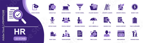 HR icon set. Containing check board, people group, search report, task clipboard, team support, time clock, user check, worker desk and more. Solid fill vector icons collection for offices.