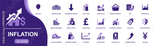 Inflation icon set. Containing bank building, fuel pump, home value, market growth, money stack, sale tag, shopping basket, upward arrow, price trend and more. Solid vector icons collection.