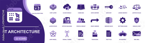 IT architecture icon set. Containing chip layer, cloud shield, data center, server rack, signal tower, VR headset, shield lock, XML mail and more. Solid fill vector icons collection.