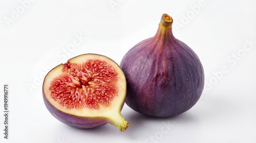 Two purple figs one cut in half on white background showing interior