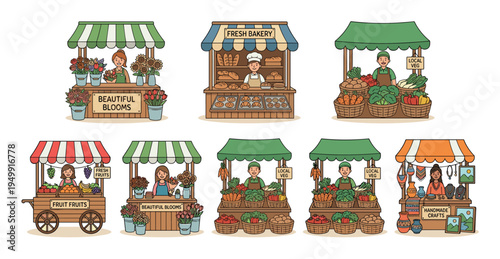 Charming collection of farmers market stalls with vendors selling fresh produce, flowers, baked goods, and handmade crafts in a cute, hand-drawn illustration style