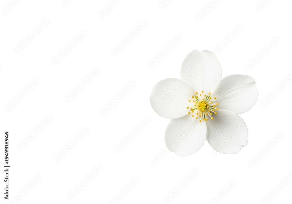 Obraz premium A single, perfectly formed white blossom with five symmetrical petals and a vibrant yellow stamen, isolated on a transparent background in high-key studio lighting, representing natural elegance and