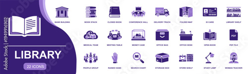 Library icon set. Containing book stack, closed book, folded map, library shelf, open book, study lamp, teacher, raised hand, storage box and more. Solid fill vector icons collection.