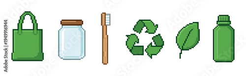 Eco-friendly zero waste pixel art icon set with a reusable tote bag, glass jar, bamboo toothbrush, recycling symbol, green leaf, and bottle for a sustainable lifestyle