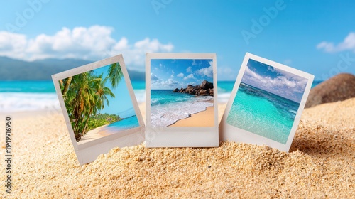 Polaroid snapshots on tropical beach sand
