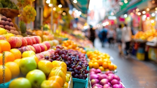 Variety of beautifully organized fruits and vegetables on the counter of the market place