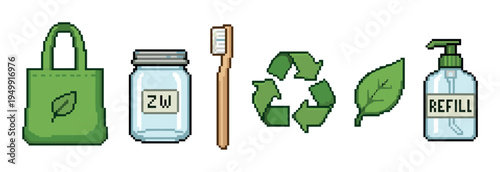 Eco-friendly zero waste pixel art icon set featuring a reusable bag, glass jar, toothbrush, and refillable dispenser for a sustainable lifestyle concept