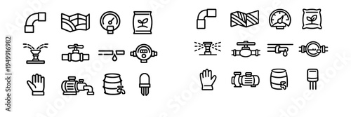 A set of minimalist line icons representing irrigation systems