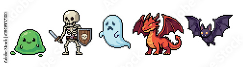 Pixel art characters of fantasy monsters featuring a green slime, skeleton warrior with a sword, ghost, red dragon, and a flying bat in a retro 8-bit style