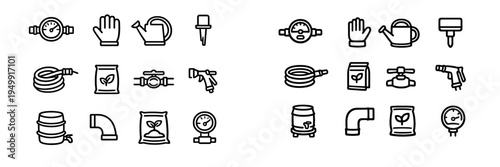 A collection of minimalist black and white line icons representing