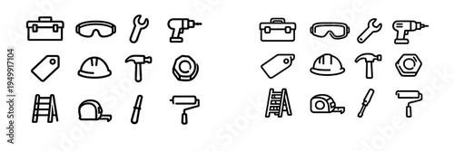 A set of black and white line icons featuring various construction