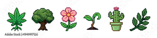 Set of pixel art plant icons including a tree, flower, cactus, sprout, and leaves in a retro 8-bit video game style illustration for nature or gardening concepts