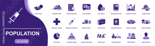Population icon set. Containing census search, people crowd, people group, user profile, growth chart, passport, school building, baby child and more. Solid fill vector icons collection.