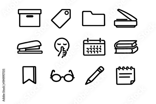 A collection of twelve minimalist black and white line icons