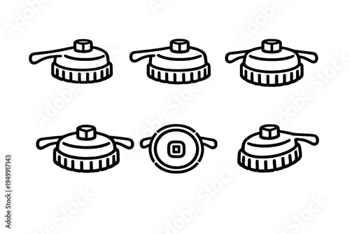 A collection of six minimalist line art icons showing industrial