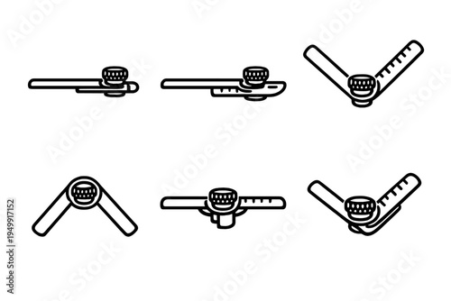 A collection of six minimalist line icons depicting a sliding bevel