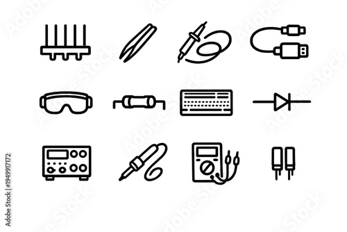 A collection of twelve minimalist line icons representing electronic