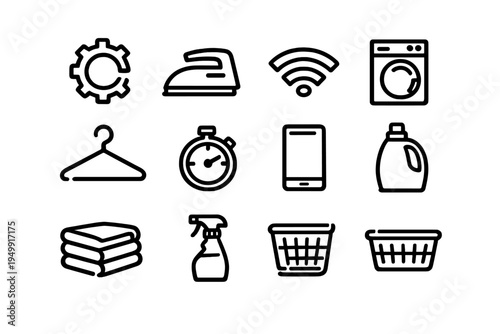 A collection of twelve minimalist black line icons representing