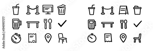 A collection of minimalist black line icons for food service and