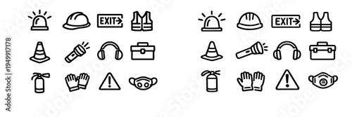 A collection of minimalist black and white line icons representing