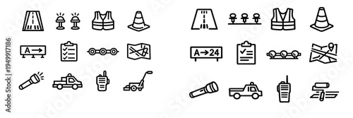 A collection of minimalist black and white line icons representing