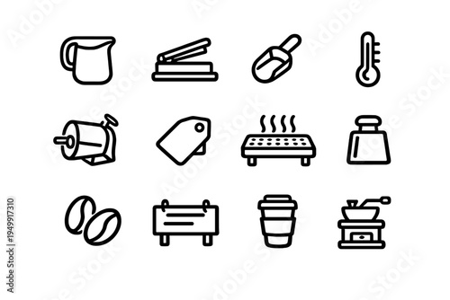 A set of twelve minimalist line art icons representing coffee shop