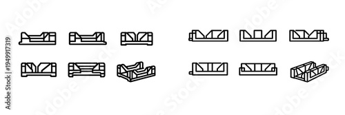 A collection of technical line icons depicting miter boxes from