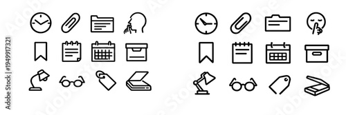 A set of minimalist black and white line icons for office