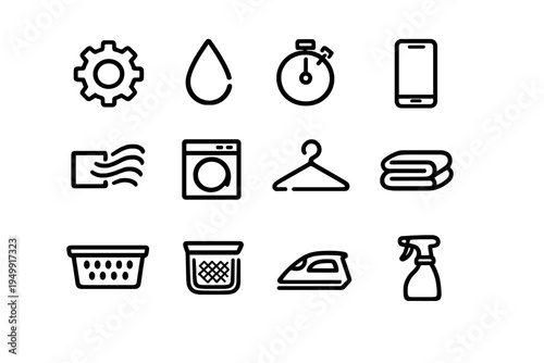 A collection of twelve minimalist black line icons related to laundry