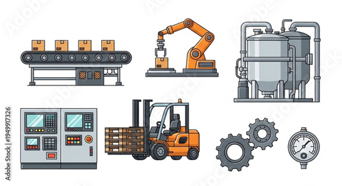 Manufacturing and Industrial Equipment - Conveyor Belt, Robotic Arm, Tanks, Control Panel, Forklift, Gears, and Pressure Gauge.