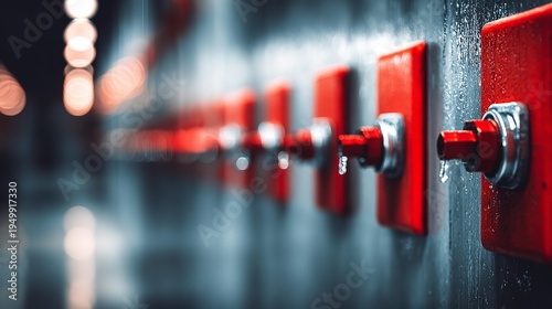 Red buttons line a dark, wet wall