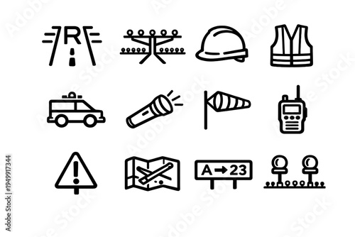 A collection of twelve minimalist black line icons representing road