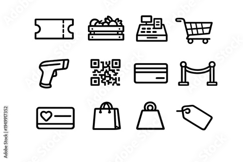 A set of twelve minimalist black line icons representing retail and